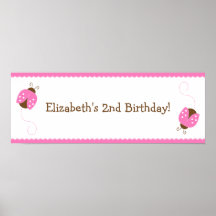 Pink and Brown Ladybug Birthday Banner Poster