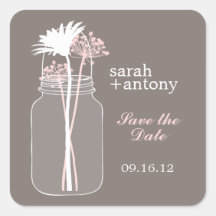 Pink and Brown Mason Jar and Flowers Wedding Square Sticker