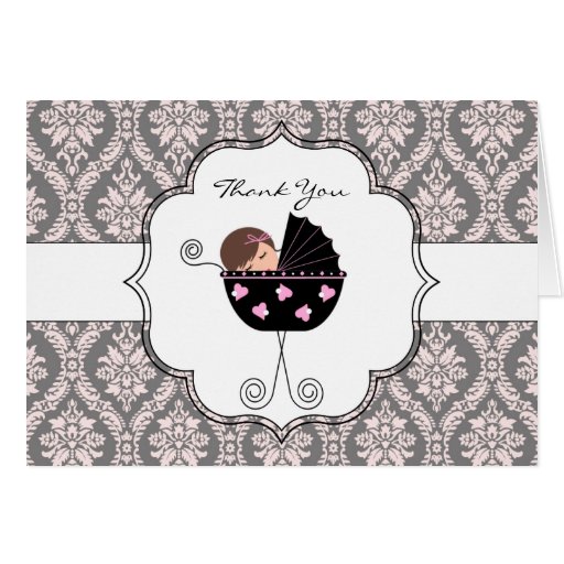 Pink and Gray Damask Baby Thank You Cards