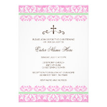 Pink and green damask baptism/christening invite