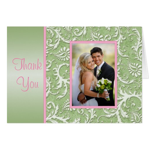 Pink and Green Damask Thank You Card with Photo