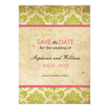 Pink and Green Damask Wedding Save the Date Personalized Invite