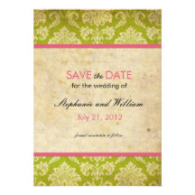 Pink and Green Damask Wedding Save the Date Personalized Invite