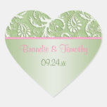 Pink and Green Floral Damask 1.5" Heart Sticker