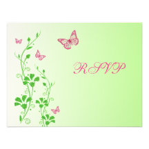 Pink and Green Floral with Butterflies Reply Card Personalized Invitations