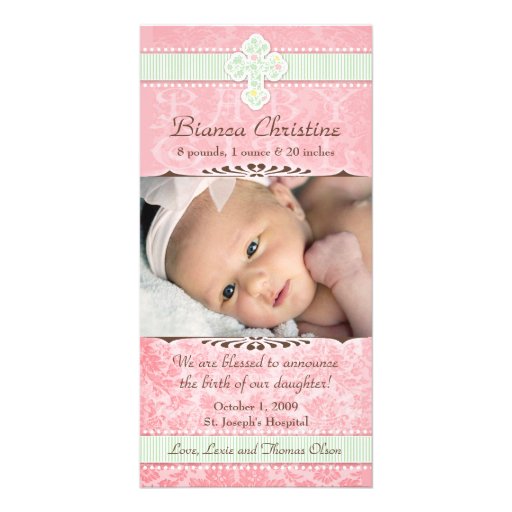 Pink and Green Florals Birth Announcement Personalized Photo Card