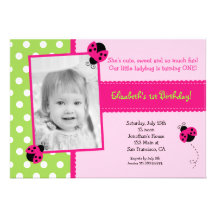 Pink and Green Ladybug BIrthday Party Invitations