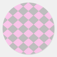 Pink and Grey Chequered Round Stickers