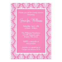 Pink and White Damask Girl Baby Shower Personalized Invite
