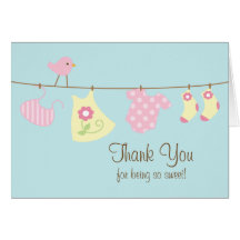 Pink Baby Girl Clothesline Thank You Note Card