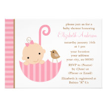 Pink Baby in Umbrella Baby Shower Invitations