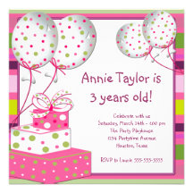 Pink Balloons Presents Girls 3rd Birthday Party Personalised Announcement