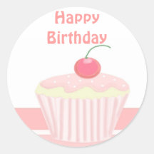 Pink Birthday Cupcake Round Stickers