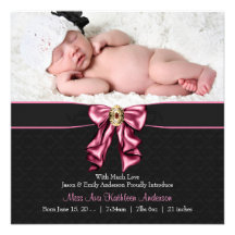 Pink Black Baby Girl Photo Birth Announcement