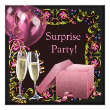 Pink Black Champagne Balloons Surprise Party Custom Announcements