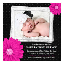 Pink Black Daisy Girl Photo Birth Announcement