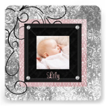 Pink Black Damask Baby Girl Photo Birth Custom Invitation