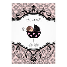 Pink Black Damask Baby Girl Shower Invitations