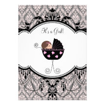 Pink Black Damask Baby Girl Shower Invitations