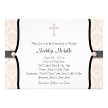 Pink Black Damask Christening Custom Invites