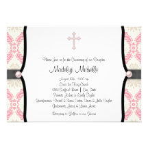 Pink Black Damask Christening Personalized Announcements