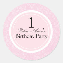 Pink & Black Damask First Birthday Party Sticker