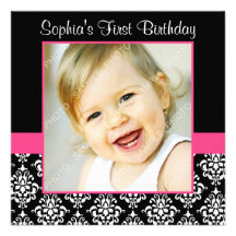 Pink Black Damask Girls Photo 1st Birthday Party Invite