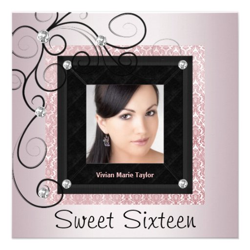 Pink Black Damask Photo Sweet 16 Party Custom Invitations