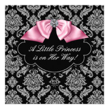 Pink Black Damask Princess Baby Girl Shower Announcements
