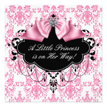Pink Black Damask Princess Baby Shower Personalised Invitation