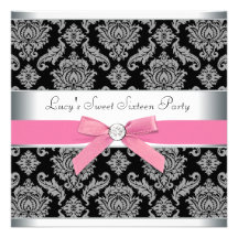 Pink Black Damask Sweet 16 Birthday Party Personalised Announcement