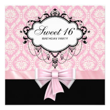 Pink Black Damask Sweet 16 Birthday Party Custom Invite