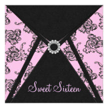 Pink Black Damask Sweet 16 Party Custom Invites