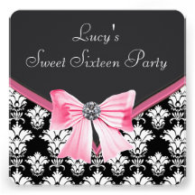 Pink Black Damask Sweet 16 Party Personalized Announcements