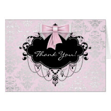 Pink Black Damask Thank You Cards