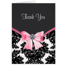 Pink Black Damask Thank You Cards