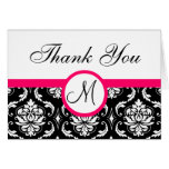 Pink Black Damask Wedding Monogram Thank You Card