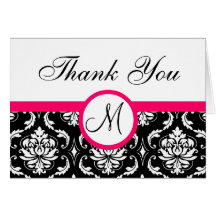 Pink Black Damask Wedding Monogram Thank You Card