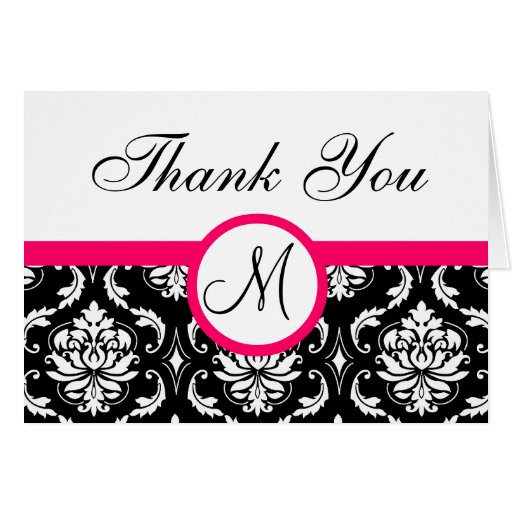 Pink Black Damask Wedding Monogram Thank You Card