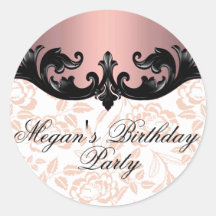 Pink & Black Floral Damask Birthday Sticker/seal