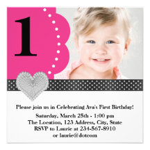 Pink Black Girls Photo 1st Birthday Party Personalized Invitations