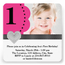 Pink Black Girls Photo 1st Birthday Party Invite