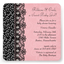 Pink Black Lace Pearls Baby Girl Shower Personalized Invite