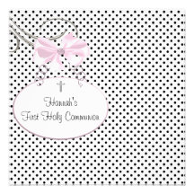 Pink Black Polka Dot Cross Girls First Communion Invite