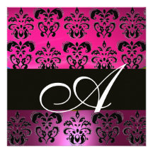 PINK,BLACK,PURPLE DAMASK MONOGRAM ,white, fuchsia Personalised Invites