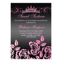 Pink & Black Rose & Tiara Birthday Invitation