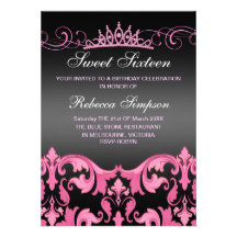 Pink/Black Sweet16 Damask & Tiara Birthday Invite