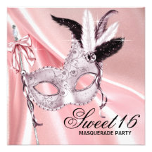 Pink Black Sweet 16 Masquerade Party Custom Invites