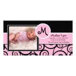 Pink & Black Swirl Baby Girl Birth Photo Cards