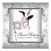 Pink Black White Sweet 16 Masquerade Party Personalized Announcement